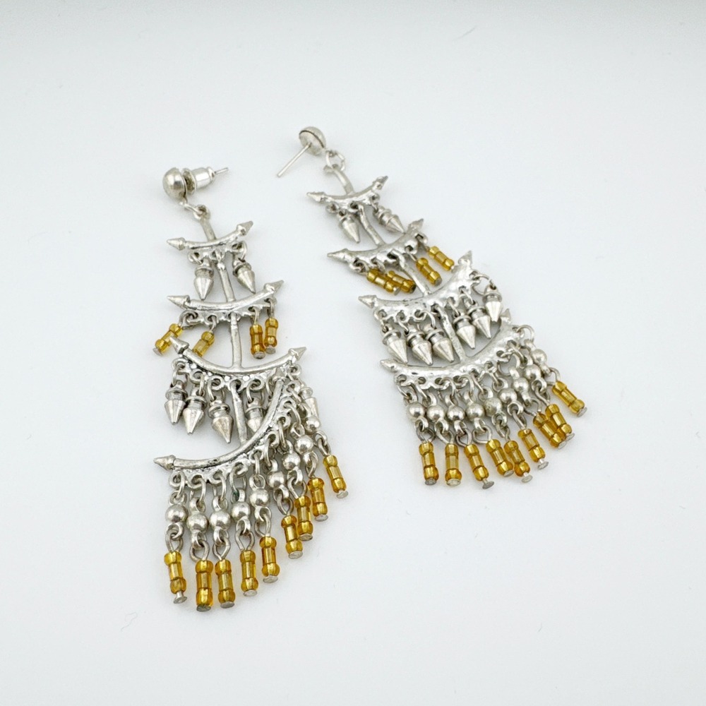 Vintage Silver and Gold Beaded Chandelier‎ Earrings Yellow Beaded